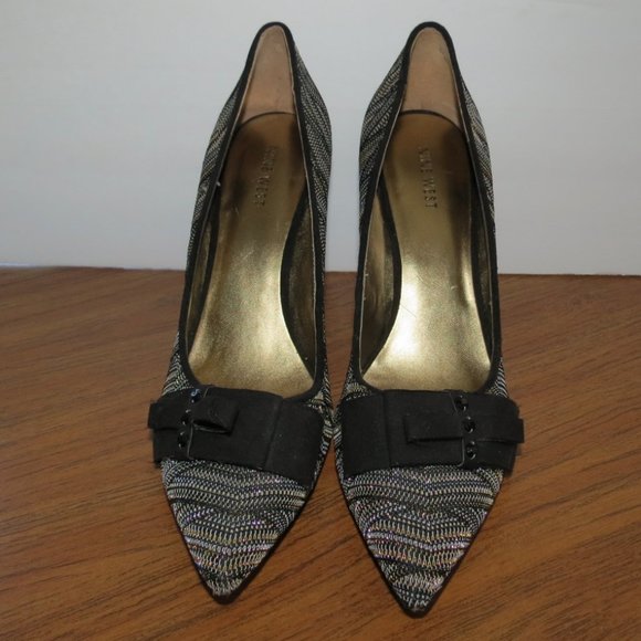 Nine West Sliver Gold Heels Shoes Black Bow - Picture 1 of 9